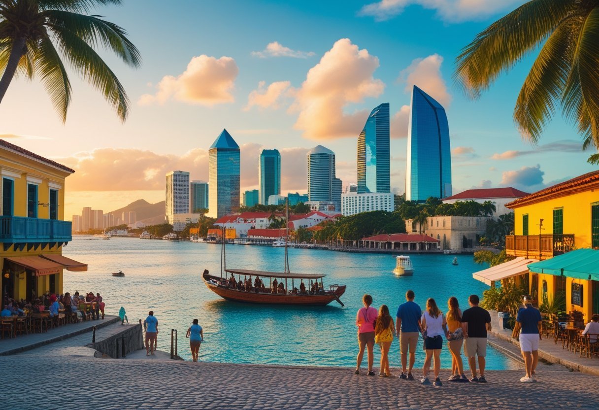 Panama City skyline with tourists walking in the historic district near the waterfront, colorful colonial buildings, and a boat sailing in the bay.