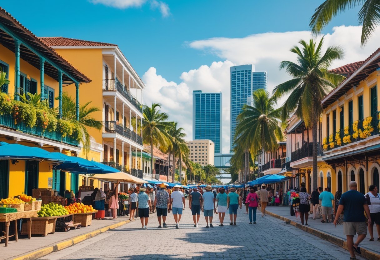 A busy street in Panama City with colorful buildings, people walking, palm trees, and modern skyscrapers in the background near the waterfront.