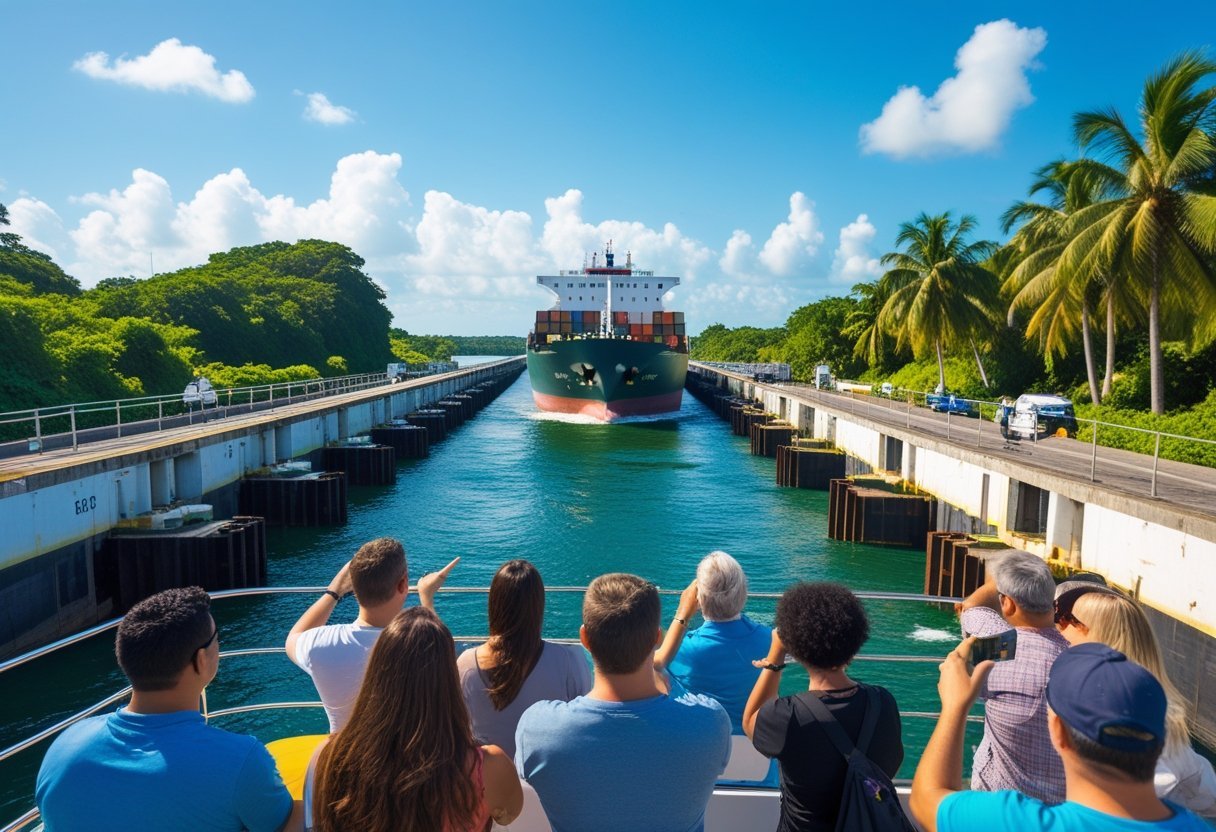 Tourists on a boat watching a cargo ship pass through the Panama Canal lock surrounded by green vegetation under a clear blue sky.