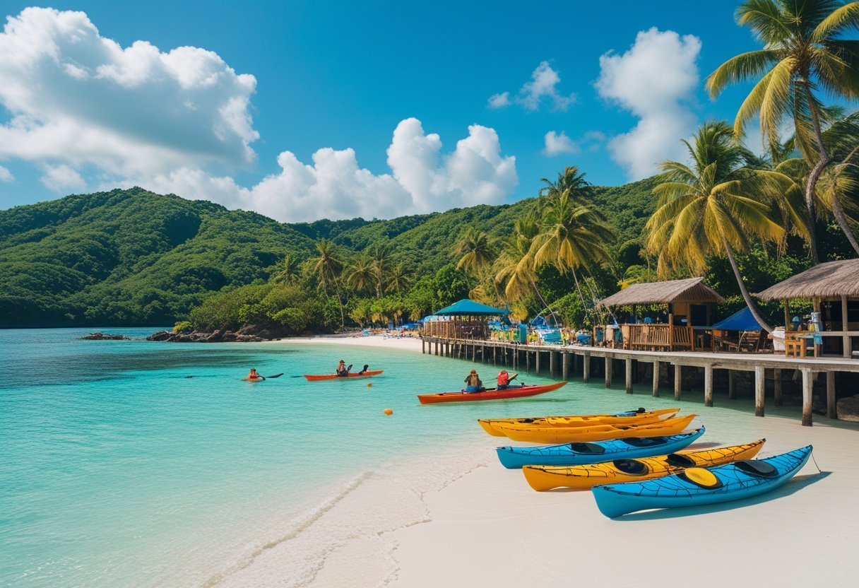 Tropical beach in Bocas del Toro with turquoise water, palm trees, colorful boats, and people snorkeling and kayaking.