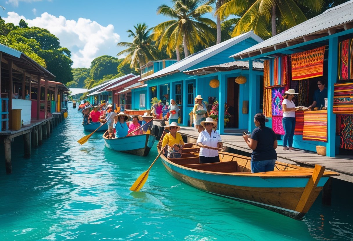 Tourists and locals enjoying traditional activities in a colorful waterfront village with wooden houses and boats in a tropical setting.