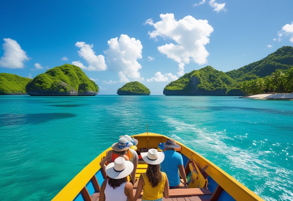 Tourists on a colorful boat sailing near tropical islands with palm trees and clear blue water under a sunny sky.