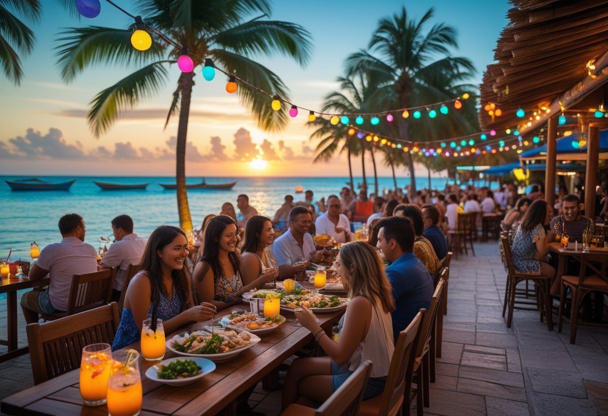 People enjoying food and drinks at a lively beachside restaurant in Bocas del Toro during sunset with palm trees and boats in the background.