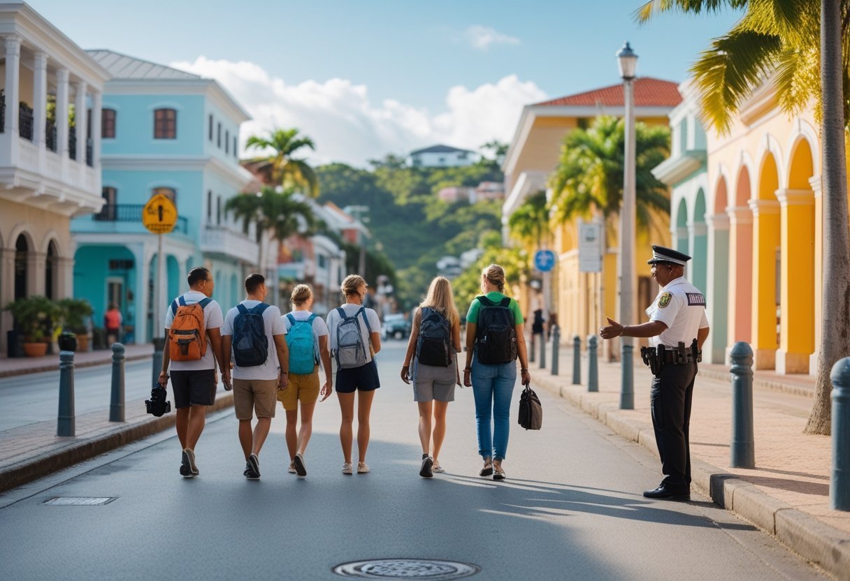 Tourists walking confidently on a clean street in Panama City with a local police officer nearby, surrounded by colorful buildings and greenery.