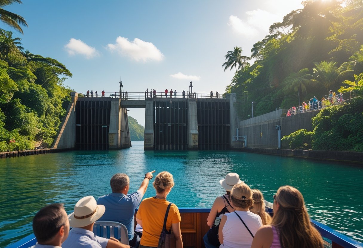 A tour guide on a boat near the Gatun Locks, surrounded by tropical trees and wildlife on Gatun Lake.