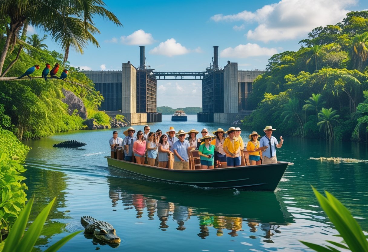 Tourists on a boat near Gatun Locks and Gatun Lake surrounded by jungle, wildlife, and large ships passing through the locks.