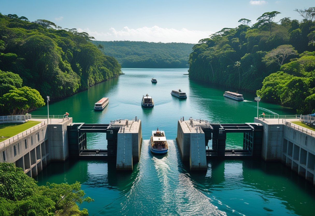 A view of Gatun Locks and Gatun Lake with boats on the water, surrounded by dense tropical forest and wildlife.