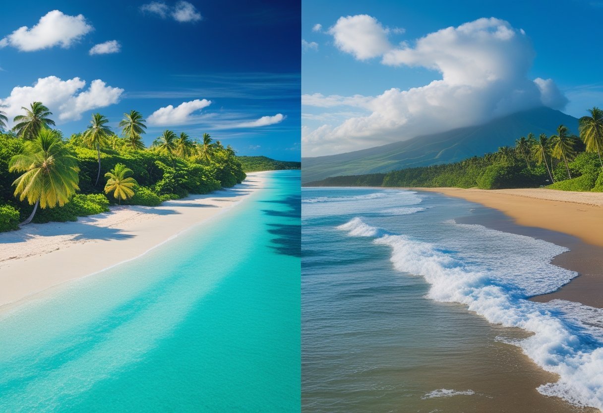 Panoramic view of two contrasting beaches in Panama, one with calm turquoise waters and white sand, the other with golden sand and crashing waves under a partly cloudy sky.
