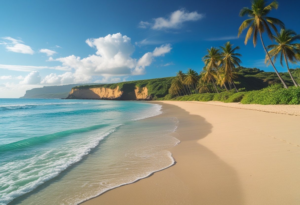 A wide sandy beach on Panama’s Pacific Coast with turquoise waves, palm trees, and rocky cliffs under a blue sky.