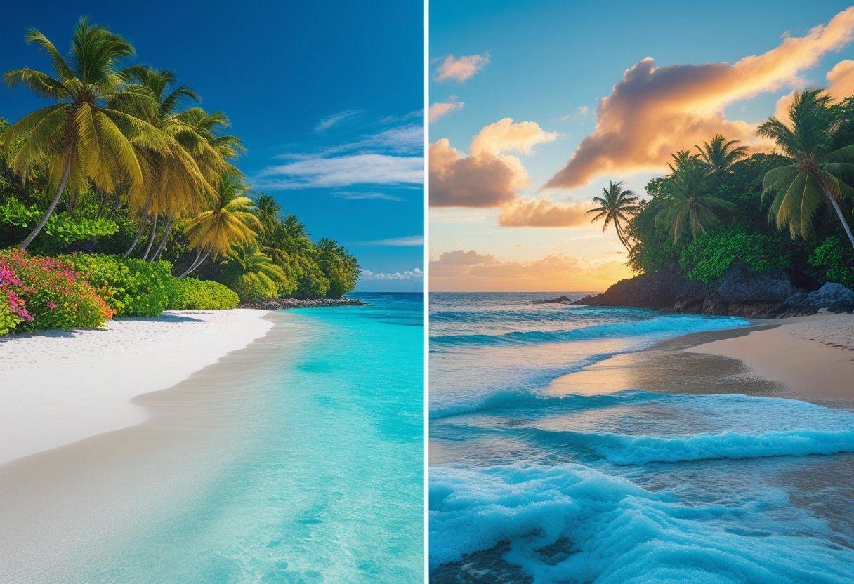 A split view of two tropical beaches showing the calm turquoise waters and white sand of the Caribbean coast on one side, and the deeper blue waters with waves and rocky shore of the Pacific coast on the other.