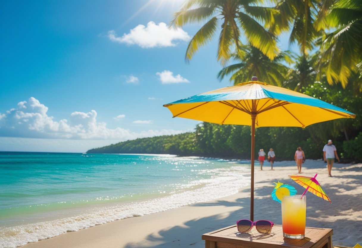 A sunny tropical beach in Panama with palm trees, clear blue sky, calm turquoise ocean, and tourists enjoying the warm weather.