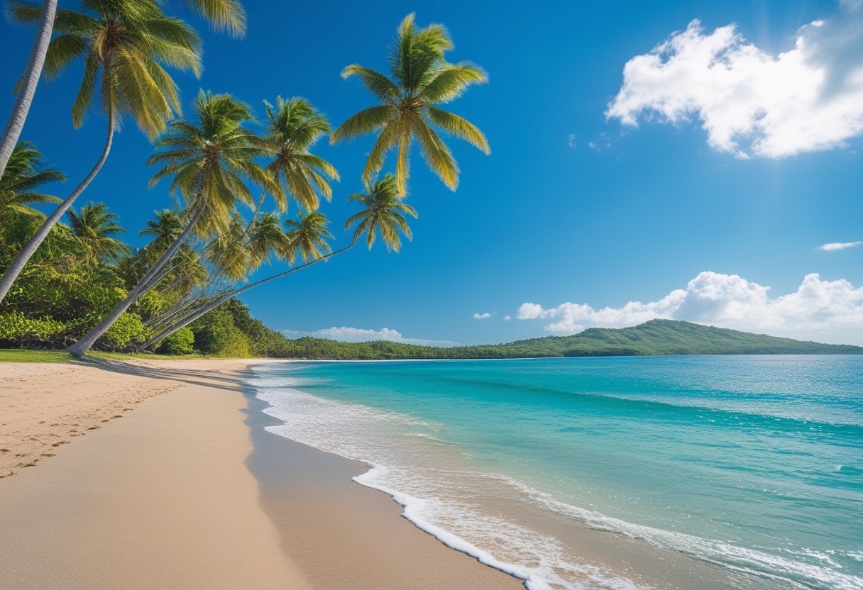 A sunny tropical beach in Panama with palm trees, clear blue sky, and calm turquoise ocean waves.