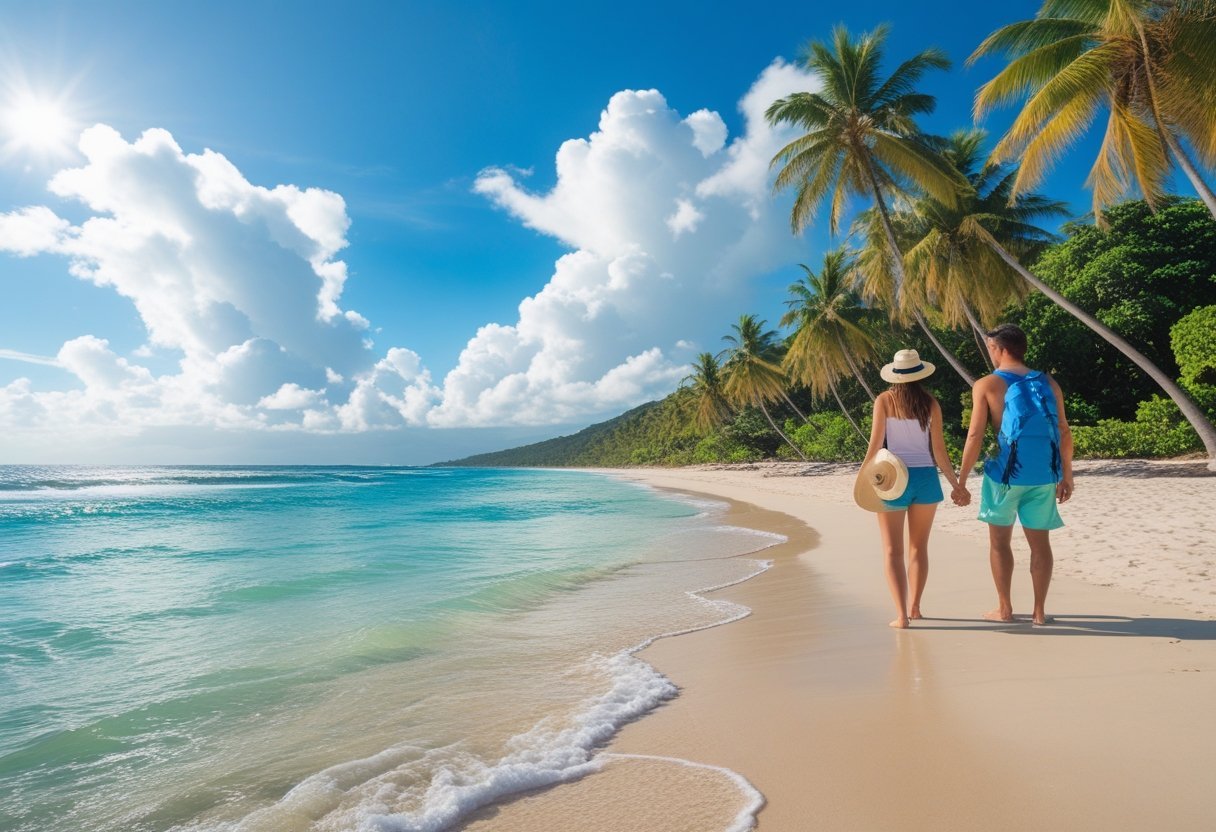 A sunny tropical beach in Panama with clear skies, palm trees, gentle waves, and travelers enjoying the warm weather.