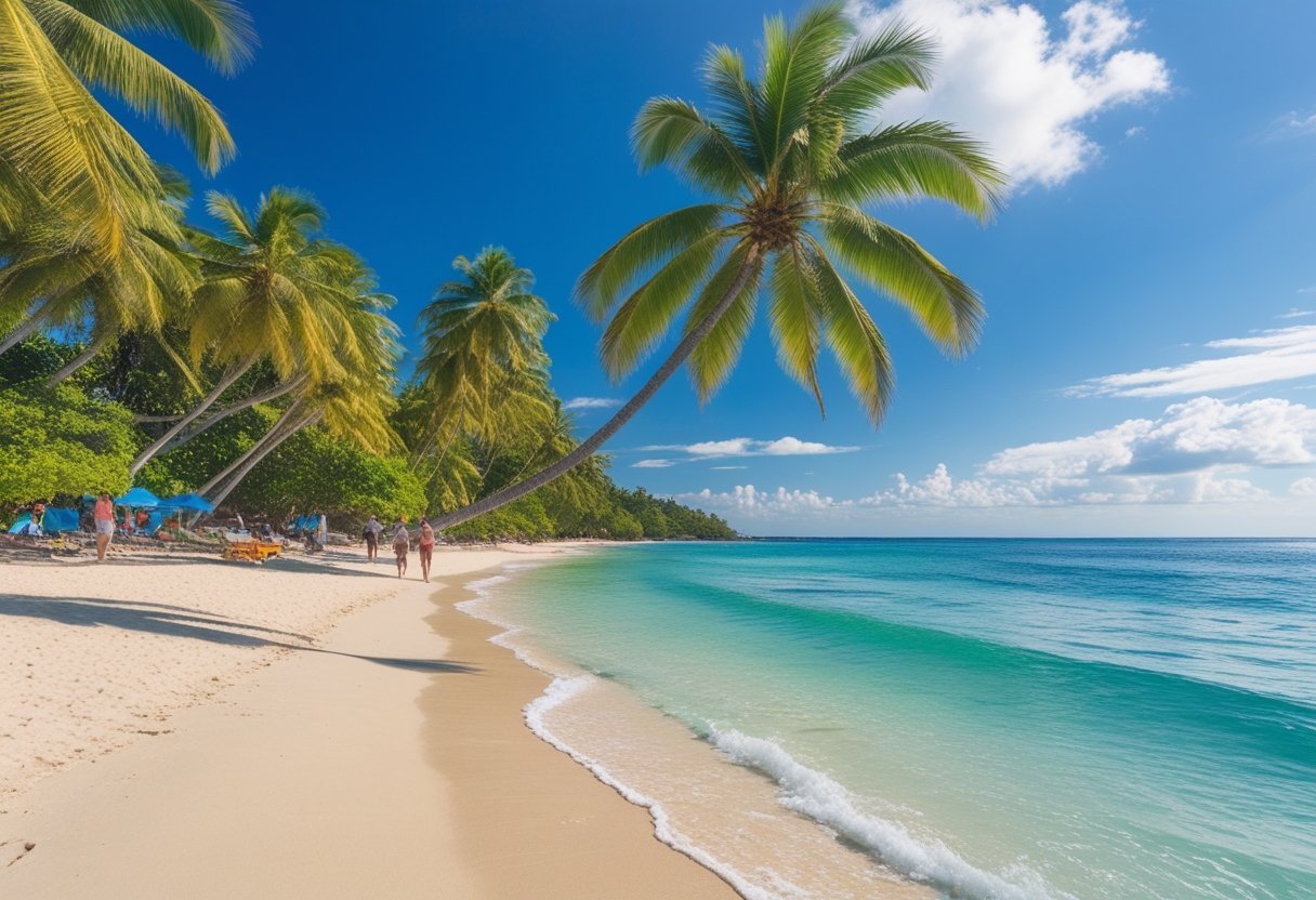 Sunny tropical beach in Panama with palm trees, clear blue sky, and people enjoying outdoor activities.