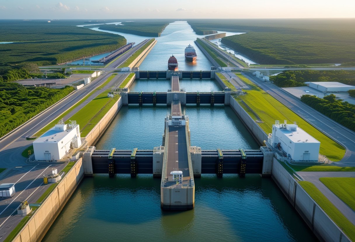Aerial view of the Cocolí Locks on the Panama Canal with cargo ships passing through surrounded by tropical greenery and infrastructure.