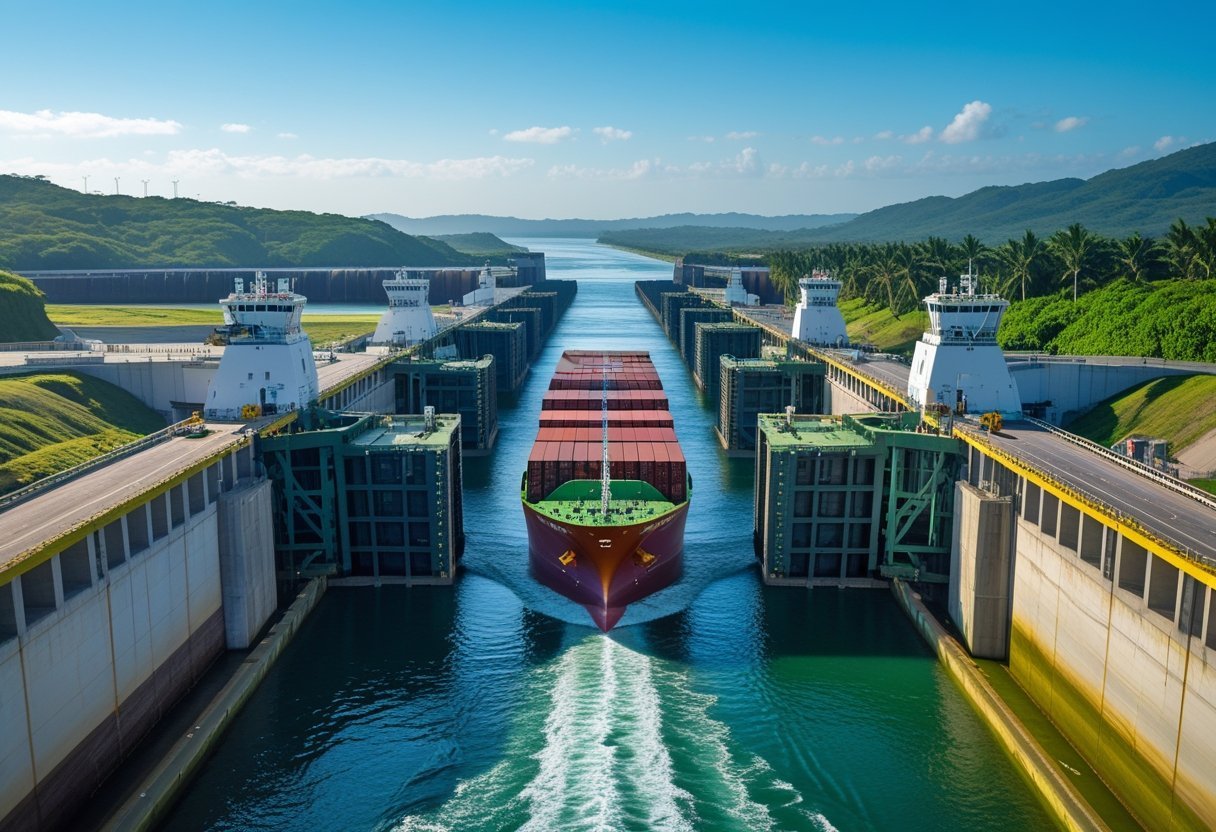 Cargo ship passing through the Cocolí Locks of the Panama Canal with lock gates and control towers visible under a clear sky.