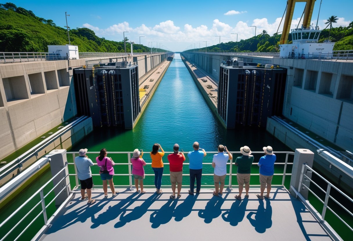 Visitors watching a large cargo ship passing through the Cocolí Locks of the Panama Canal on a sunny day.