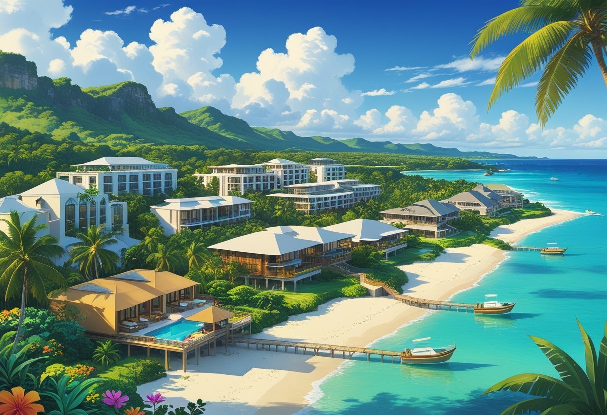 A tropical island coastline with ten different hotels and resorts surrounded by palm trees, turquoise water, sandy beaches, and green hills in the background.