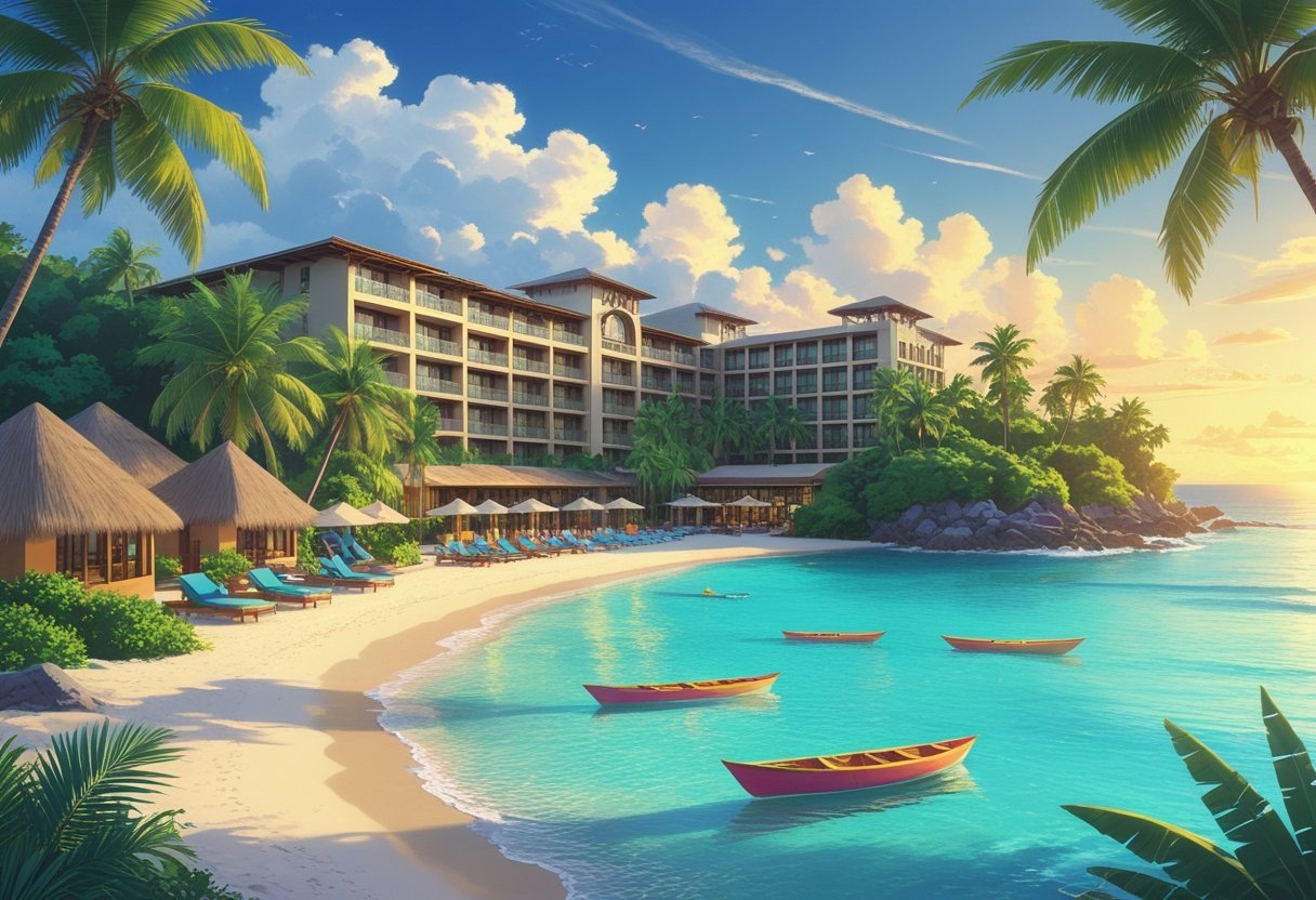 A tropical hotel resort surrounded by palm trees and ocean with a sandy beach and boats nearby at sunset.