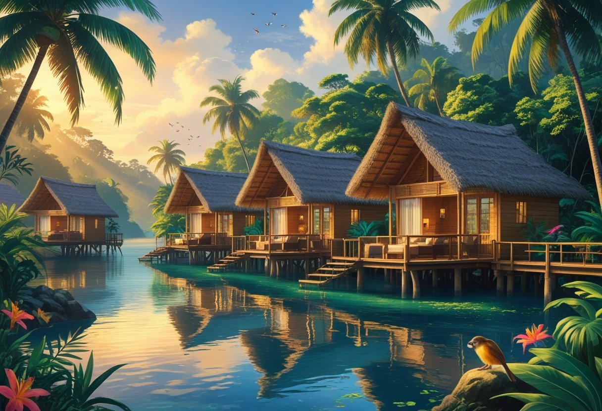 A peaceful eco-lodge with wooden cabins on stilts surrounded by tropical trees and calm water, with birds and monkeys nearby.