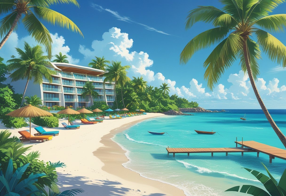 A tropical beachfront hotel surrounded by palm trees and a calm turquoise sea with a wooden pier extending into the water.