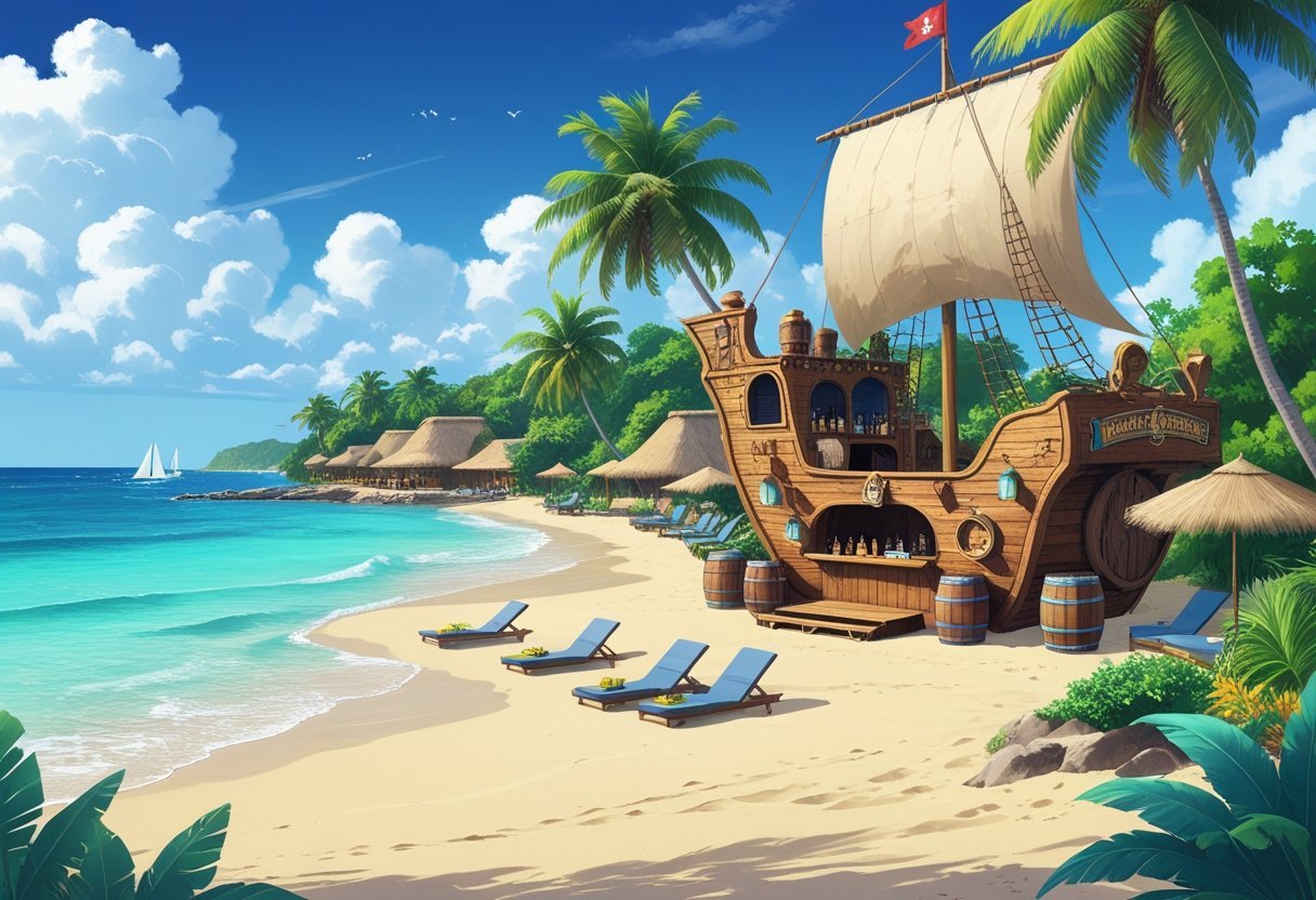 A tropical beach with a pirate ship-themed beach bar, palm trees, lounge chairs, beachfront bungalows, and sailboats on clear blue water.