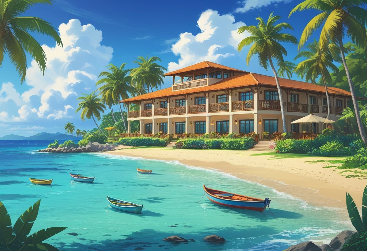 A tropical hotel by a sandy beach with palm trees and boats on clear blue water under a bright sky.