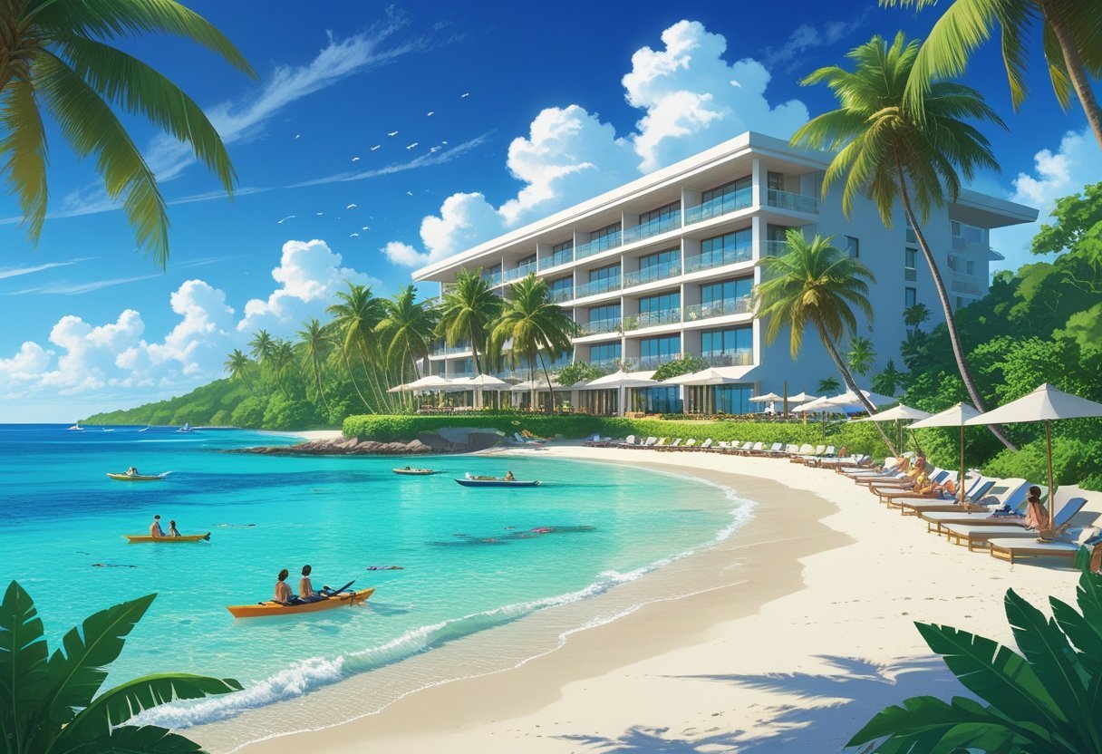 A tropical beachfront hotel with palm trees, clear blue water, and people enjoying the beach and water activities.