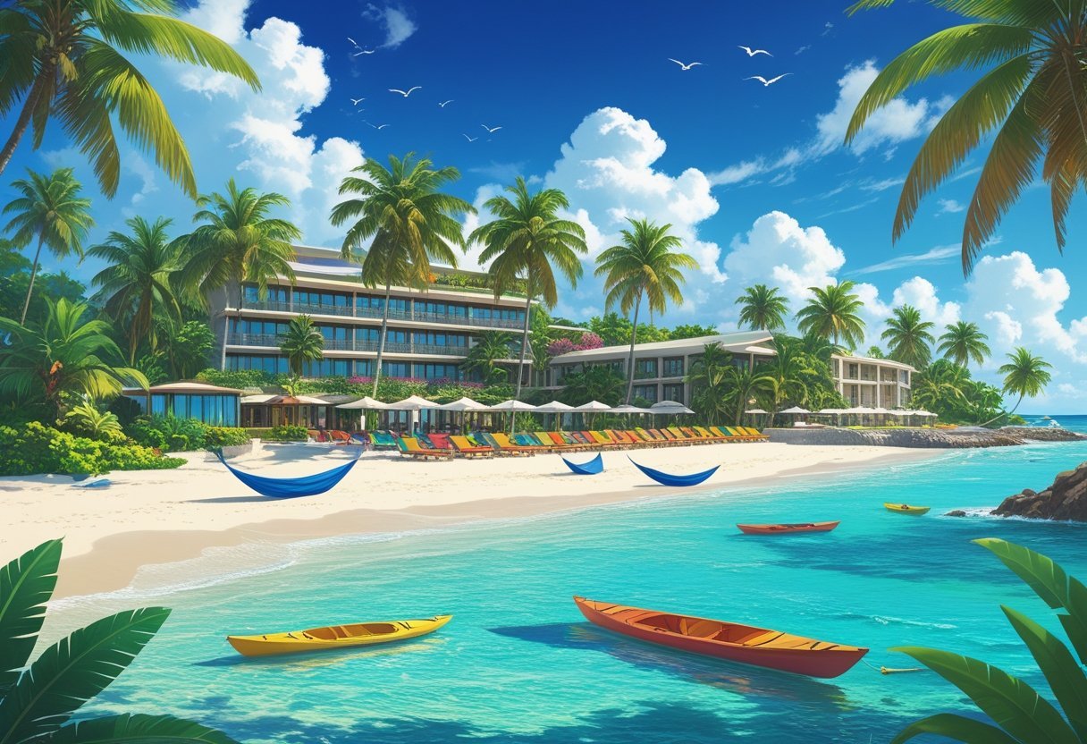 A tropical beachfront hotel surrounded by palm trees, clear turquoise water, white sand beach, and boats in the water under a sunny sky.