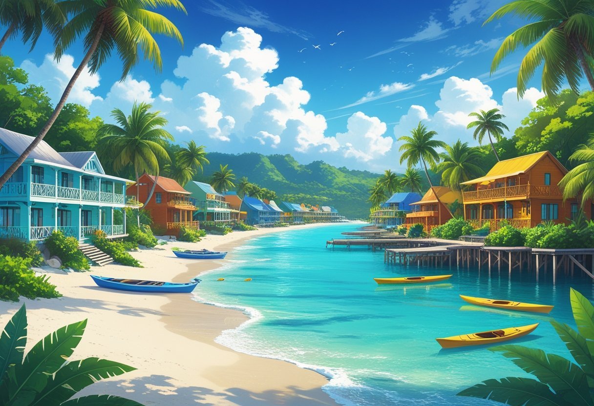 A tropical beach scene in Bocas del Toro with various hotels among palm trees, clear blue water, boats, and colorful buildings on stilts over the water.