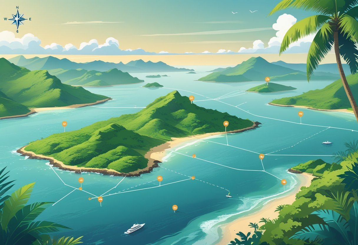 A colorful map showing islands and nearby airports around Bocas Del Toro, Panama, with flight routes and tropical scenery.