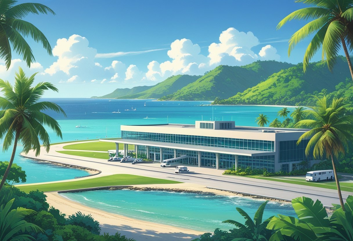 A tropical island airport terminal surrounded by palm trees, with a runway extending toward the ocean and hills covered in jungle in the background.
