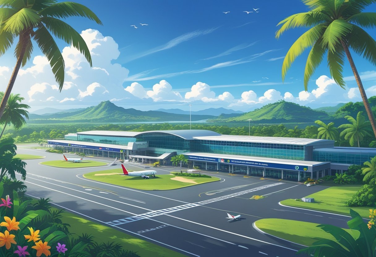 Illustration of an airport terminal surrounded by tropical trees and hills, with airplanes on the runway under a blue sky.