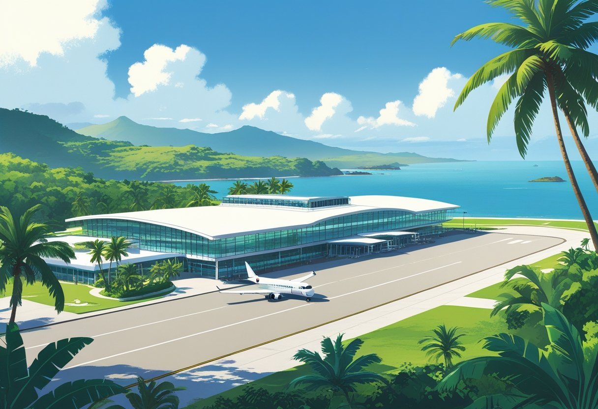 A modern airport terminal near the coast with palm trees, a runway with an airplane, and small islands in the background.