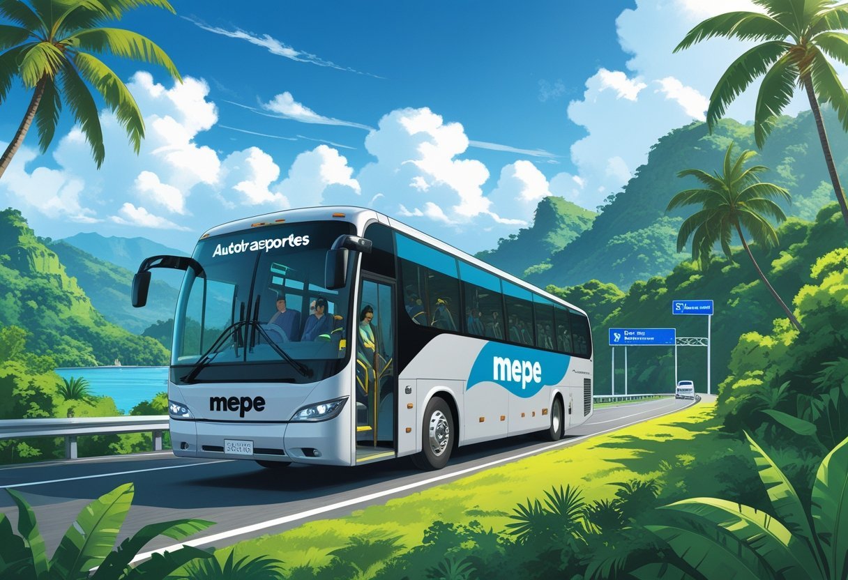A bus traveling on a road through tropical rainforest toward a bus terminal near mountains and palm trees.