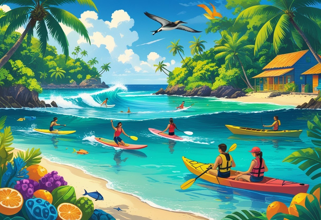 A tropical island scene with people snorkeling, surfing, hiking in the jungle, relaxing on the beach, kayaking, visiting a local market, and sailing near colorful houses on stilts.