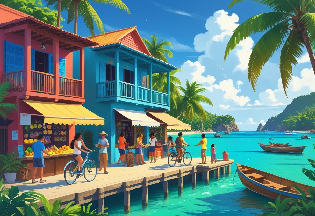 A lively tropical town scene with colorful buildings, people enjoying outdoor activities near the waterfront, palm trees, and calm blue waters.
