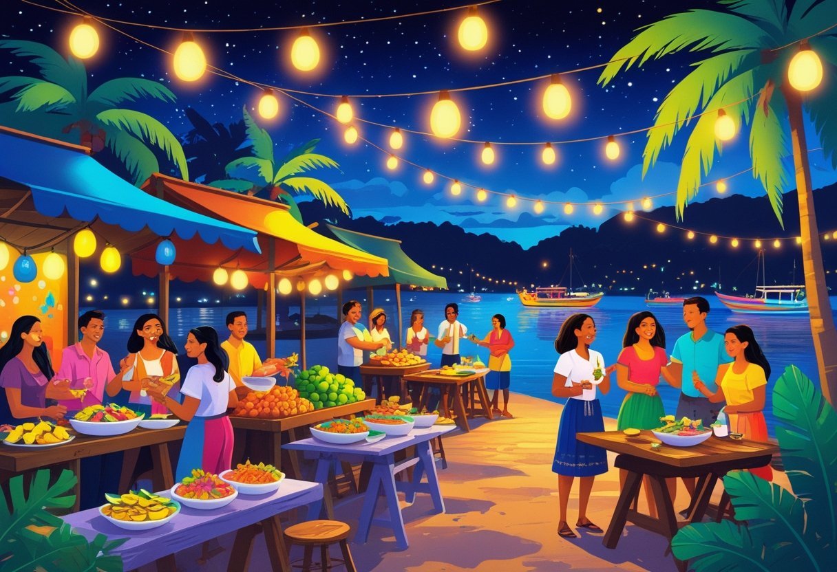 People enjoying local food and music at a lively outdoor night market by the waterfront in Bocas del Toro, Panama.