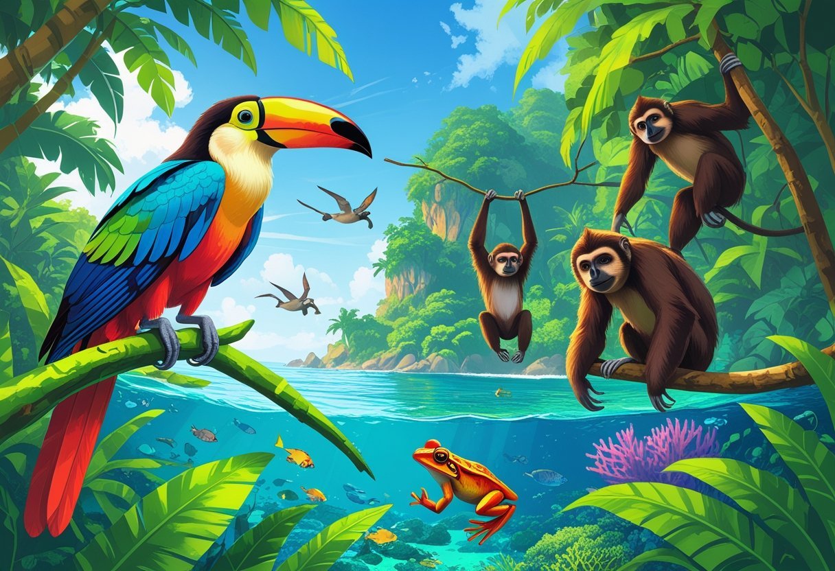 A tropical jungle scene with a toucan, capuchin monkeys, a sloth, a poison dart frog, and snorkeling in clear blue waters with coral reefs and fish.