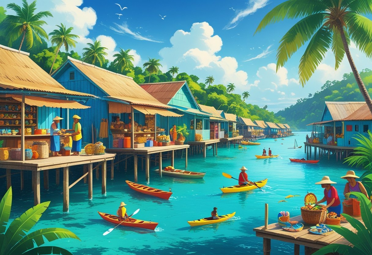 A colorful coastal village in Bocas del Toro with people fishing, crafting, cooking, and enjoying water activities surrounded by tropical trees and clear blue water.