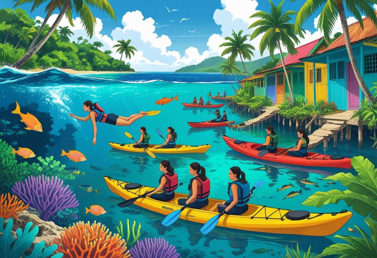Travelers snorkeling, kayaking, hiking, and visiting a local community in a tropical coastal setting with clear blue water and colorful houses.