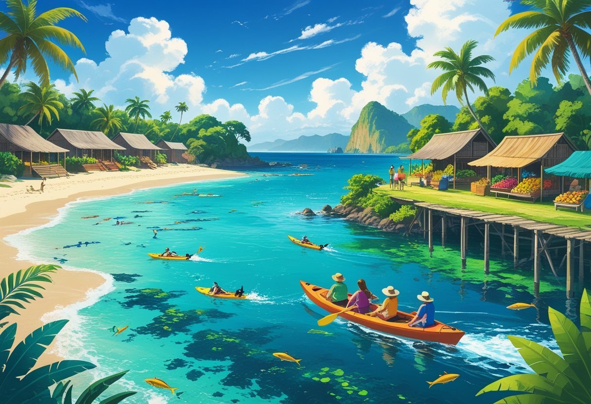 A tropical beach scene with people snorkeling, kayaking through mangroves, a local market with fruits and crafts, wooden houses on stilts, a boat near a waterfall, and palm trees under a sunny sky.