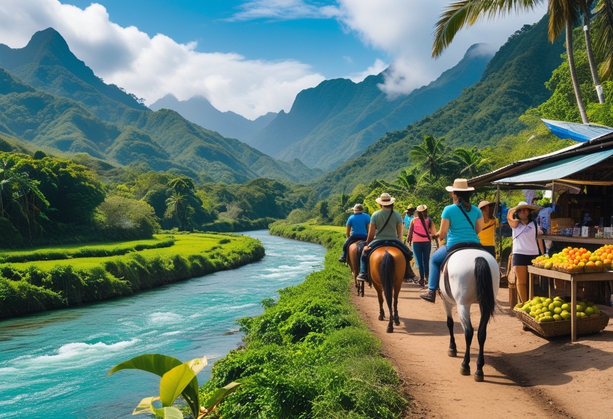 A group of tourists hiking and horseback riding near lush green mountains and a clear river in a tropical forest with colorful birds flying overhead.