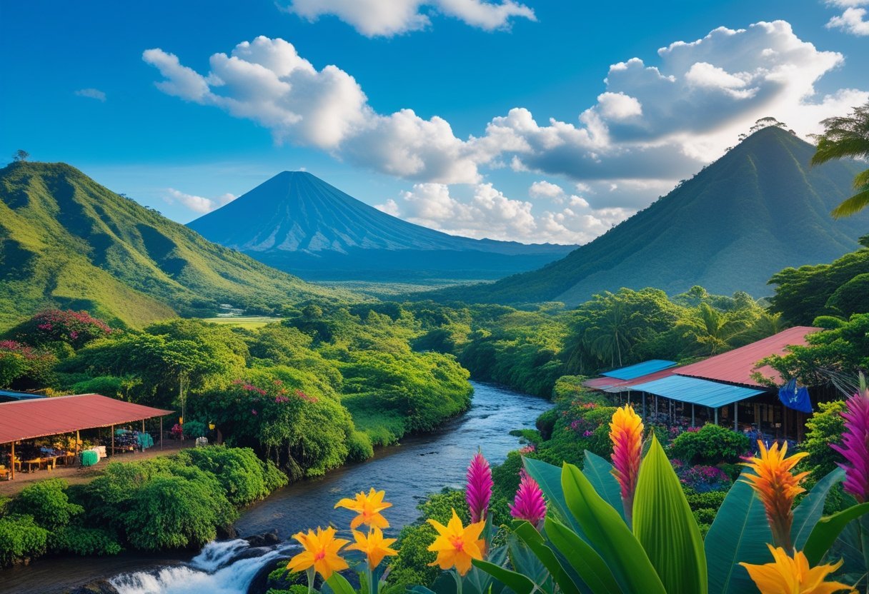 Lush green mountains with a volcano, tropical flowers, a flowing river, and traditional buildings in a vibrant Panamanian landscape.
