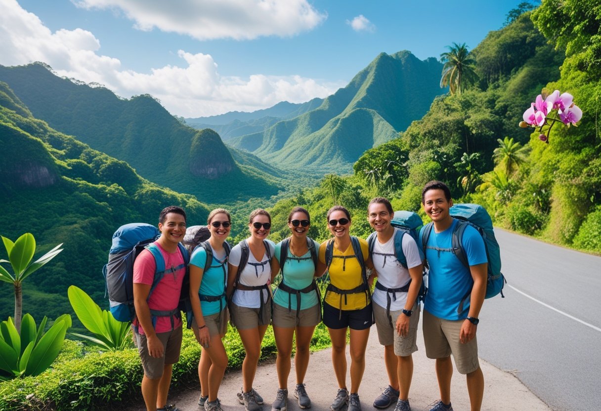 Tourists enjoying a scenic mountain viewpoint surrounded by lush green forests and tropical plants in Chiriquí, Panama.