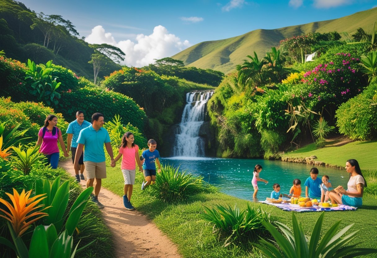 A family hiking, picnicking, and playing near a waterfall in a lush tropical landscape with hills and clear skies.