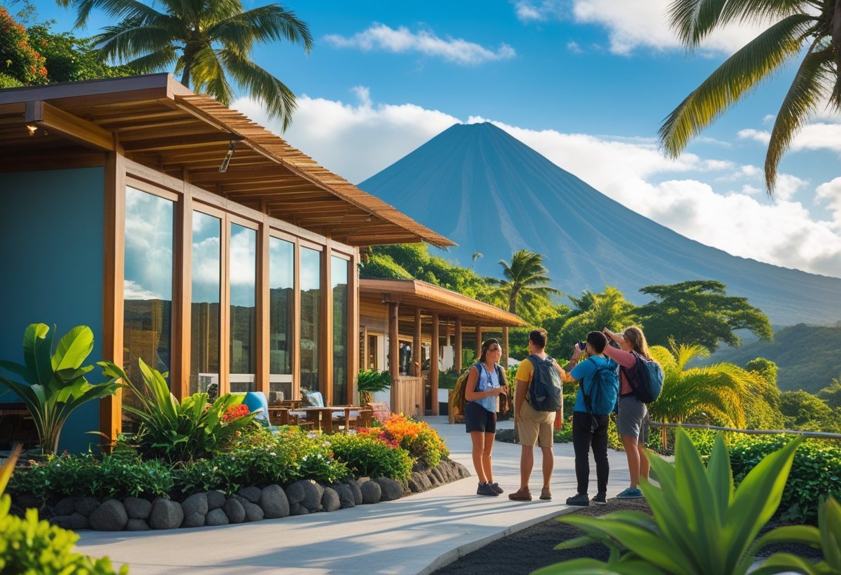 Travelers exploring a tropical area near a modern lodge with mountains and lush greenery in the background.
