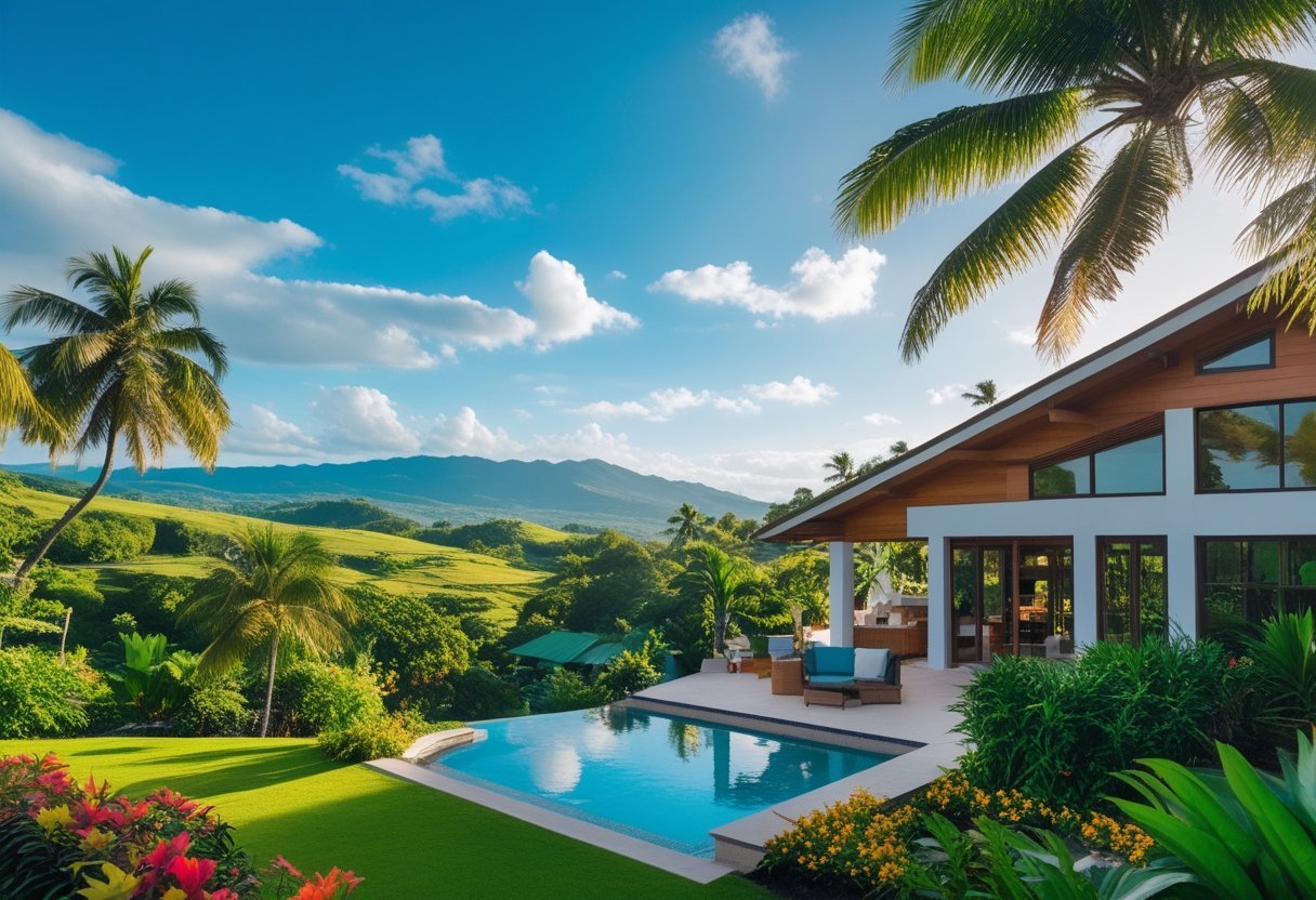 Modern house surrounded by tropical plants, palm trees, and mountains in the background under a blue sky.