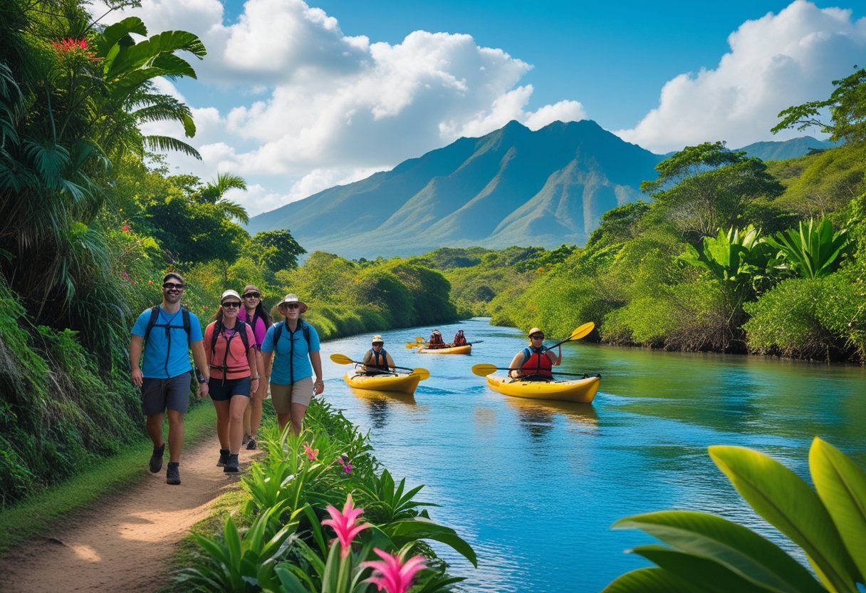People hiking, kayaking, and enjoying nature in a tropical forest with mountains in the background.
