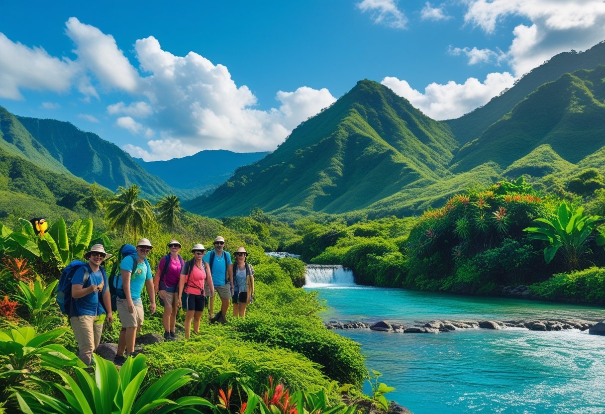 A group of travelers enjoying outdoor activities in a lush mountainous landscape with a river and tropical plants in Chiriquí, Panama.